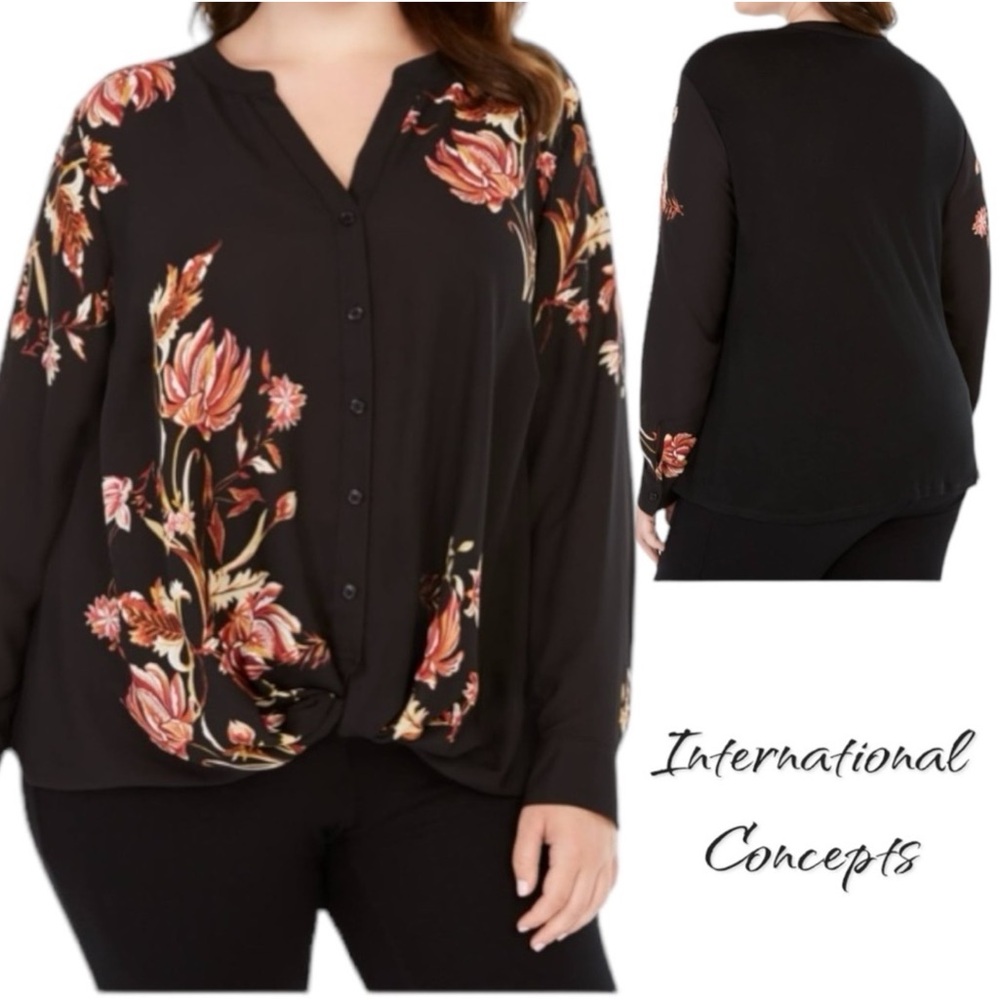 INC International Concepts Black Floral Button-Front Blouse